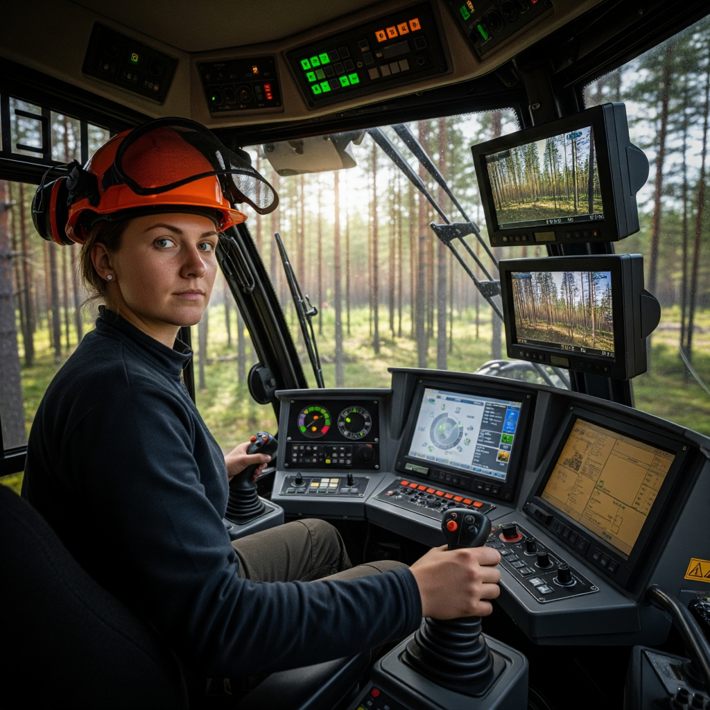 Professional operator in advanced machinery cabin with multiple screens and controls